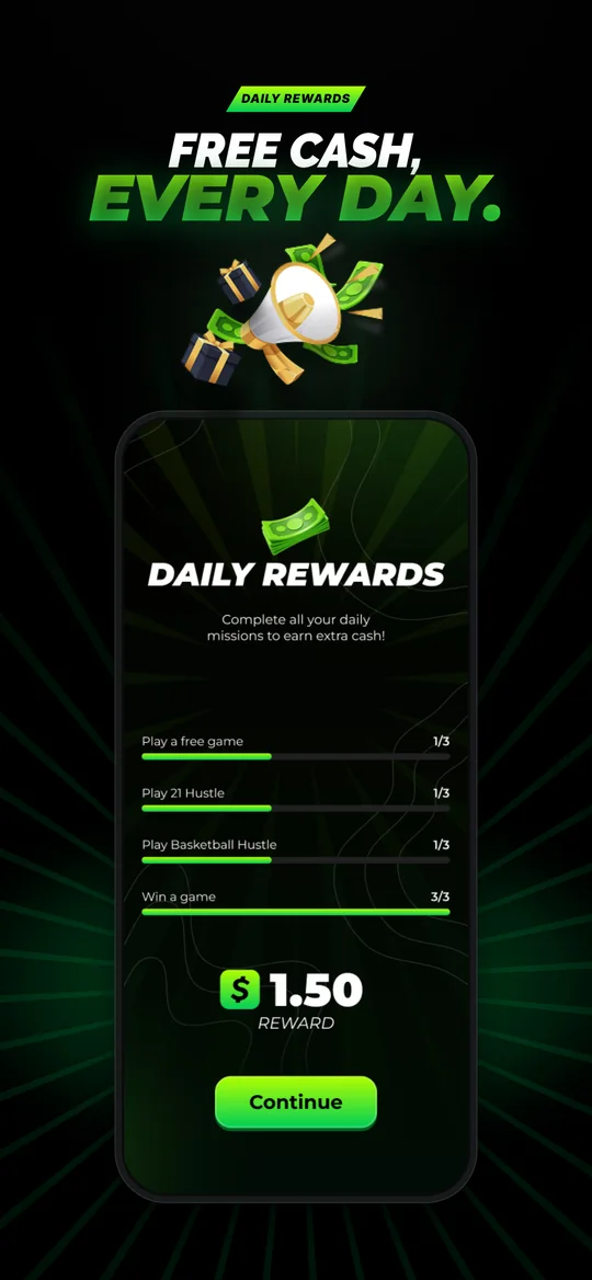 Daily rewards screen showing a $1.50 free cash reward